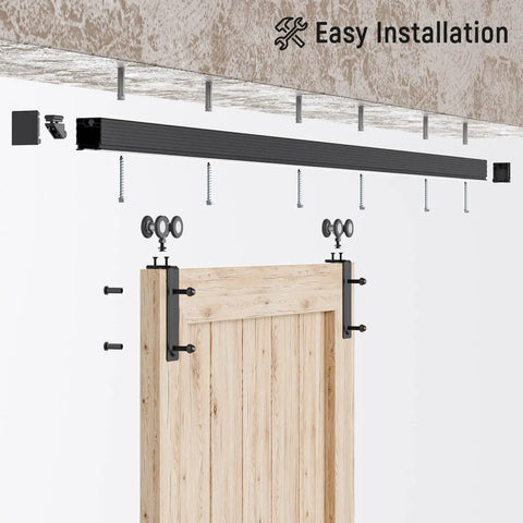 8Ft Ceiling Mount Box Rail Barn Door Hardware Kit With Heavy Duty Aluminum Sliding Track And Matte Black Finish, showing installation above wooden door.