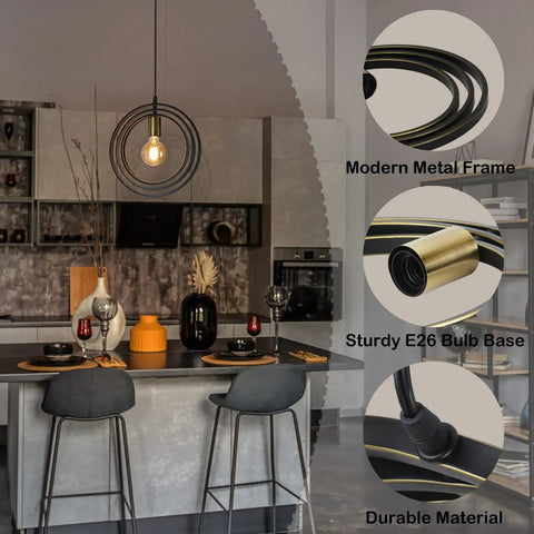 Plug In Industrial Pendant Light With Rotatable Cage, Vintage Farmhouse Style Metal Hanging Fixture In Black And Gold, E26 Base