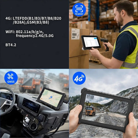 Rock Solid 10.1 Inch Rugged Tablet With 2D Barcode Scanner And Windows 11 Pro used for scanning packages in a warehouse.