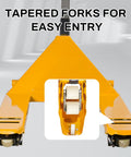 Heavy Duty Manual Pallet Jack Truck 6600 Lbs Capacity with tapered forks for easy entry and polyurethane wheels.