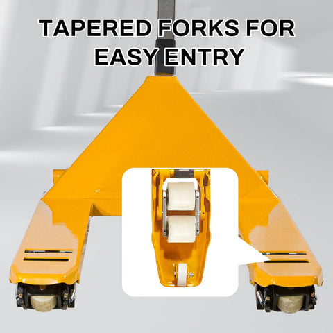 Heavy Duty Manual Pallet Jack Truck 6600 Lbs Capacity with tapered forks for easy entry and polyurethane wheels.