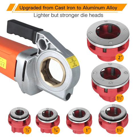 Npt Pipe Threader Machine 2300W With Six Hss Dies For One Half To Two Inch Conduit, showcasing aluminum alloy die heads and motor.