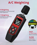 Digital Sound Level Meter With AC Weighted 30 To 130 dB For Home Office Or Industrial Use High Accuracy 1.5 dB Easy Readout Go-To Pro-Grade Decibel Meter For Real World Noise Monitoring And Compliance. handheld meter with foam microphone, fast/slow display