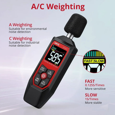 Digital Sound Level Meter With AC Weighted 30 To 130 dB For Home Office Or Industrial Use High Accuracy 1.5 dB Easy Readout Go-To Pro-Grade Decibel Meter For Real World Noise Monitoring And Compliance. handheld meter with foam microphone, fast/slow display