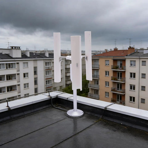 Vertical Wind Turbine Generator Kit 12V with 3 blades installed on rooftop against cloudy sky