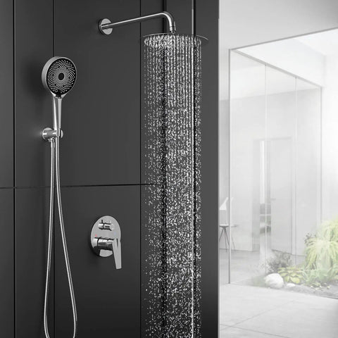 Rainfall Shower System With 10 Inch Handheld, 3 Modes, Pressure Balance Valve in chrome finish, modern bathroom view