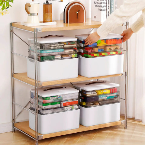 4 Tier Medicine Organizer Storage Box With Lid And Leather Handle on shelf, translucent tiers for pill bottles and supplies