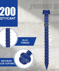 Heavy Duty Blue Hex Head Concrete Screw Anchors PTFE Coated Carbon Steel 1/4 In X 2-3/4 In with hi-lo thread and anti-rust blue coating.