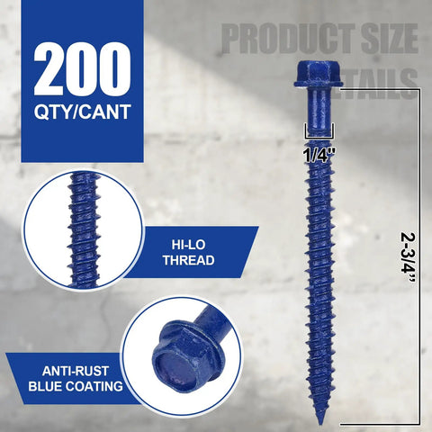 Heavy Duty Blue Hex Head Concrete Screw Anchors PTFE Coated Carbon Steel 1/4 In X 2-3/4 In with hi-lo thread and anti-rust blue coating.