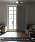 Door Window Curtain Panel For French Doors Skylight And Patio, Room Darkening Draft Blocking Thermal Insulated Privacy Shade, Sage Green W26 X L69 Inch, Easy Install With Strong Adhesive Straps, One Panel No Drills installed on door showing light blocking effect.