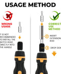 Usage instructions for 63 Piece Magnetic Ratcheting Screwdriver Bit Set With Multibit Driver Includes Slotted Torx Hex Pozi Philips Square Bits 20 SAE And Metric Nut Drivers Flexible Extension And Bit Holder Ideal For Home DIY Projects, showing wrong and correct extension rod method.