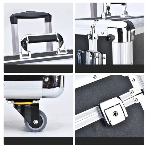 Close-up of Heavy Duty Rolling Tool Box With Retractable Handle and Smooth Ball Bearings showcasing the secured aluminum edges and handle.