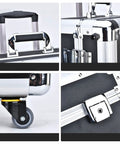 Close-up of rolling toolbox on wheels for home garage and workshop, portable tool case with telescoping handle, durable aluminum alloy tray.