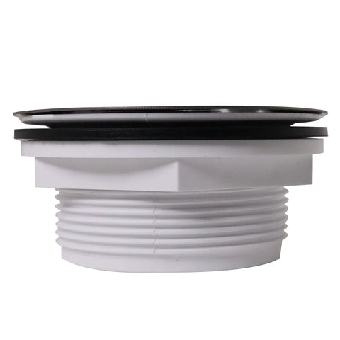 Heavy Duty No Caulk Shower Drain With Slick Polished Chrome Grate showing 2in pipe connection and strong compression fit for easy installation.