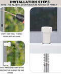 Installation guide for 10 Piece Window Screen Plunger Latches With White Caps, showing steps with a drill and latches.
