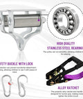 Dope Backyard Zipline And Slackline Kit For Kids With Stainless Steel Double Bearing Pulley Slider And Swing Seat components include pulley, carabiners, and ratchet.