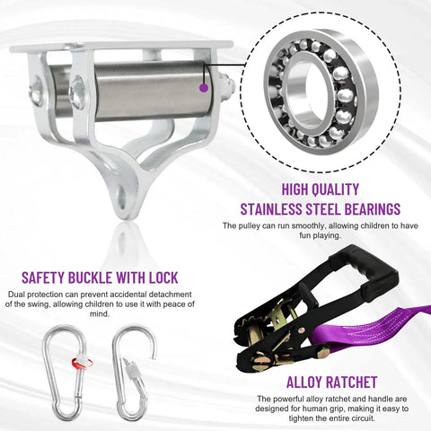 Dope Backyard Zipline And Slackline Kit For Kids With Stainless Steel Double Bearing Pulley Slider And Swing Seat components include pulley, carabiners, and ratchet.