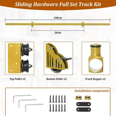 Built Like A Tank Heavy Duty Sliding Ladder Rail Kit With Smooth Carbon Steel Track For Library Loft Spaces Handles Big Loads Up To Three Hundred Thirty Pounds Plus includes top pullers, bottom pullers, and track stopper.