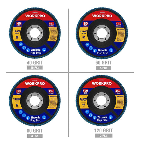 WORKPRO zirconia flap discs set, 4-1/2 in diameter, 7/8 in arbor, 20 discs in 40/60/80/120 grit.