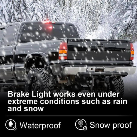 High Mount Third Brake Light With Bulb For Chevy Silverado And GMC Sierra 1999 To 2006 installed on truck in snowy setting