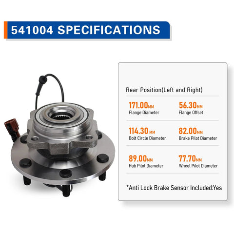 Rear Wheel Hub And Bearing Assembly Easy Install Drop In Fit For 2005 To 2012 Nissan Armada, 2004 Pathfinder Armada, And 2004 To 2010 Infiniti QX56 With ABS Replacement For Smooth Operation And Lasting Durability, specifications included.