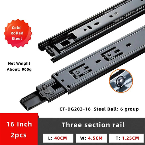 Full Extension Drawer Slides In Sleek Black Cold Rolled Steel Three Section Tracks 8 To 20 Inch Tool Free Quick Release Latches