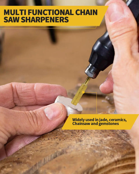 Person using Durable Gold Titanium Chainsaw Sharpener Bits Set For Electric Saws on stone surface