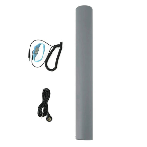 Anti Static ESD Mat Kit with Wrist Strap and Ground Cord for Electronics Workstations Grey 18 Inches by 47 Inches Zero Point Twelve Inch Thick ESD Safe Mat with Ground Lead including grey rolled mat, blue wrist strap, and black ground cord.