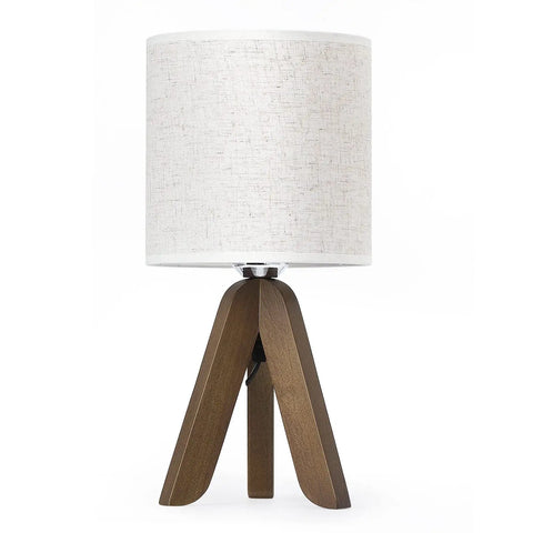 Wooden Tripod Table Lamp With Brown Base And Linen Fabric Shade, Space Saving Nightstand Light For Bedroom Kids Room Nursery Or Dorm