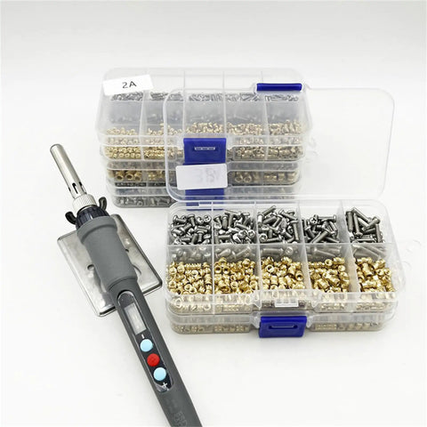Rock Solid Brass Thermal Insert Nuts Featuring Precise Internal Threads For Printed Boards And Electronics Fix Ups Set Of Eight High Temperature Dissipation Hardware Built Tough And Dang Reliable For Serious Soldering Work with assorted brass and steel screws.