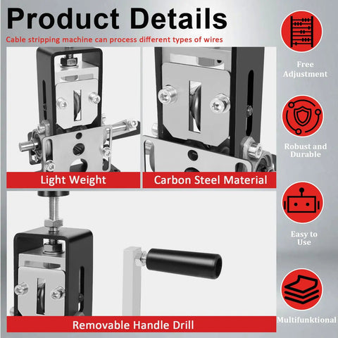 Drill Powered Wire Stripping Tool For Scrap Copper, Adjustable Hand Crank Wire Stripper details with carbon steel material and removable handle.