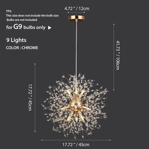 Gold Modern Dandelion Chandelier Pendant Light Fixtures Dope Nine Light Firework Crystal Semi Flush Mount Ceiling Light For Dining Room G9 Sockets Bulbs Not Included Sparkling Contemporary Gold Decor, dimensions shown.