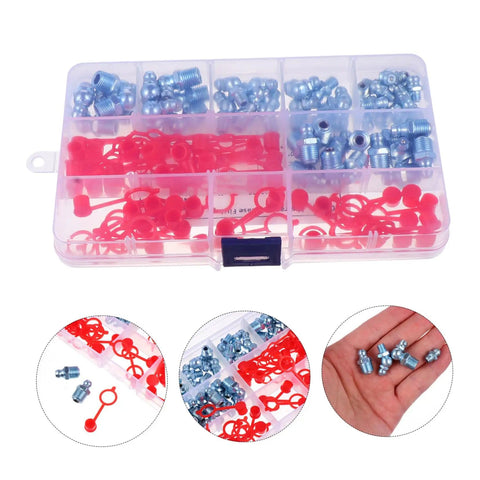 Zerk Fitting 100Pcs Assortment Kit With Straight And Grease Nipples shown in clear plastic case, zinc plated iron fittings