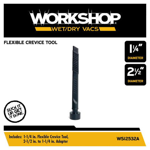 Flexible Crevice Tool Attachment for Wet Dry Vacuum Cleaners, Slim Reach for Tight Spaces shown with dimensions