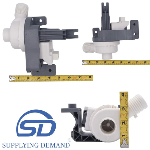 Three views of Washer Drain Pump Replacement For W10876600 W10727777 Model Specific Not Universal with measurement tape