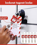 Industrial Lockout Tagout Kit For Electrical Safety With Locks And Clamp On Breaker Locks in use on electrical panel