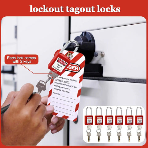 Industrial Lockout Tagout Kit For Electrical Safety With Locks And Clamp On Breaker Locks in use on electrical panel