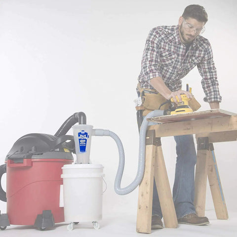 Man using a sander connected to Dust Deputy DIY Anti Static Retrofit Cyclone Separator For Wet And Dry Shop Vacuums, 20 Percent More Suction