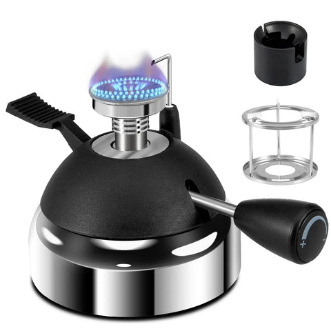 Portable Butane Burner For Siphon Coffee Maker With Adjustable Flame And Furnace Stand Ideal Mini Stove For Picnic Camping Travel Lab And Home Brewing, showing a compact, stainless steel and ABS body with flame lit.