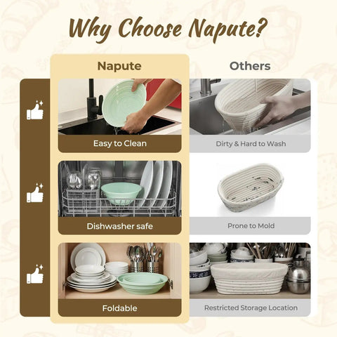 Comparison of Napute green banneton basket with others, showing easy clean, dishwasher safe, and foldable features against others' challenges.