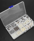 Top-Notch Hand Press Pearl Setting Machine For Crafting, kit with various sizes of round pearls and metallic rivets in organizer.