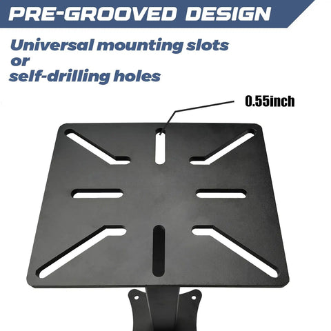 Heavy Duty Bench Grinder Stand With Vise Mount And Drill Press Ready Base showing pre-grooved design and mounting slots.