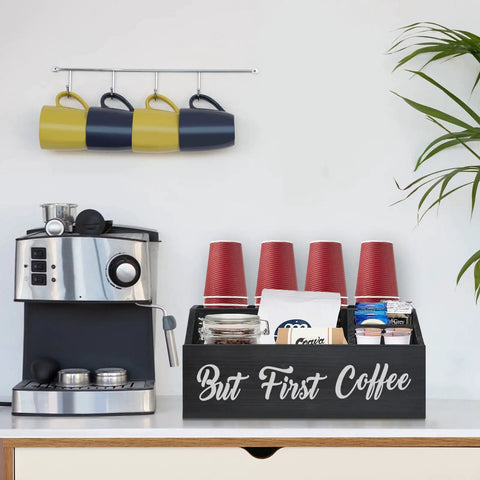 Rustic Coffee Bar Organizer With Storage Bin And K Cup Holder, Double Sided But First Coffee And Coffee Bar Sign, kitchen setup