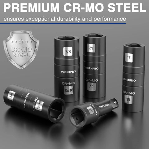 5-Piece 1/2 Inch Drive Impact Socket Set With 3 Inch Extension Bar, Cr-Mo Steel Lug Nut And Wheel Sockets, Includes 4 Flip Sockets Covering 6 Metric And SAE Sizes For Tough Auto Work displayed with premium CR-MO steel badge.