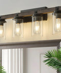 Rustic Black Four Light Vanity Wall Light Sconces for Bathroom over Mirror, wood finish, industrial vintage look, clear glass
