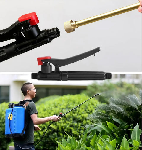 Backpack Sprayer Pump Action Trigger Handle Replacement Parts Kit for garden use, showing man spraying plants with red switch