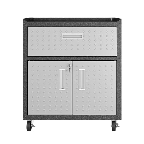 Front view of Fortress Mobile Garage Storage Cabinet On Wheels With Full Extension Drawer And Adjustable Shelves In Durable Stainless Steel