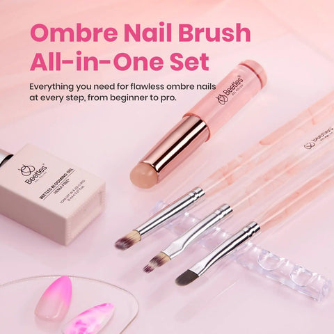 Blooming Gel Nail Art Brushes Set with Ombre Gradient Nail Brush and tools displayed on a light pink surface.