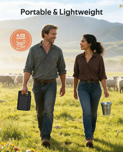 Two people walking in a field with Portable Solar Powered Fence Energizer Delivers 0.20J Output And 8KV For Up To 10 Miles Of Fence Protection