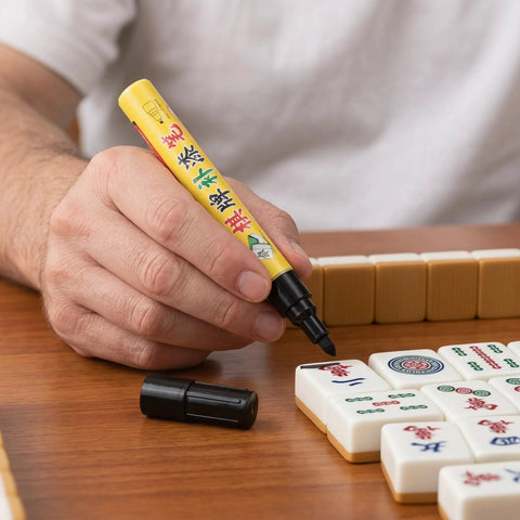 4Pc Waterproof Paint Markers Set For Mahjong Tiles And Hobby Repairs, Extra Fine Tip, Quick Dry Formula, Works On Plastic And Rocks, Fillable Paint Pens For Game Accessories And Tiny Details. hand using extra-fine paint marker on Mahjong tiles